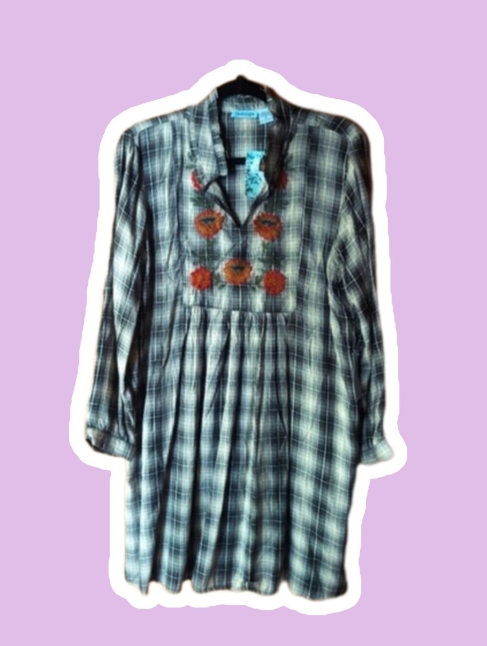 Nostalgia Brown Plaid Floral Embroidered Dress